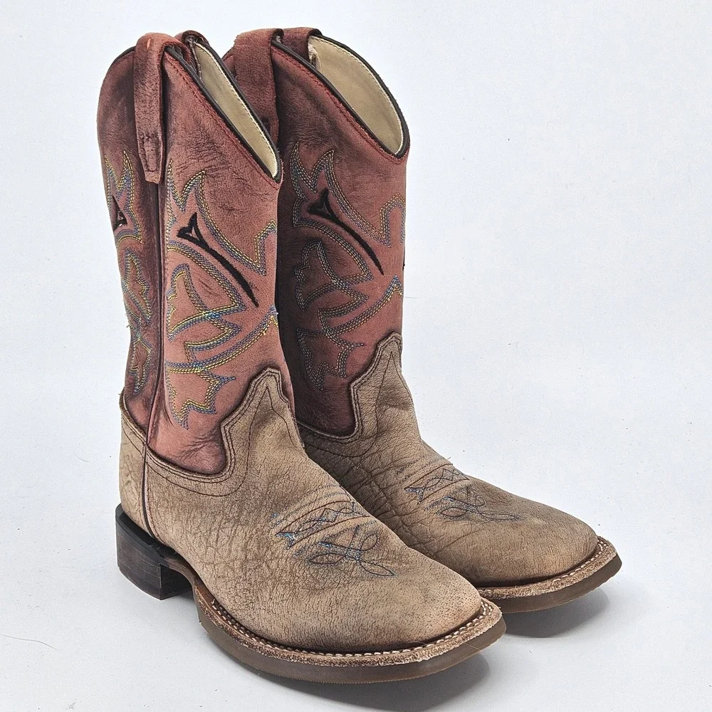 Old West Youth Cowboy‎ Boots Rugged Boys Size 1 D Square Toe Leather Western